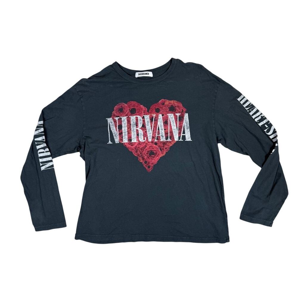 Daydreamer Nirvana Heart Band Graphic Long Sleeve T Shirt Gray Loose Fit S